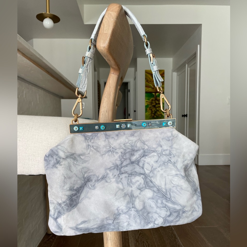 RARE Prada Authentic Vintage Suede Handbag with Beaded Detail Tie Dye Blue